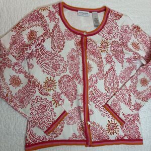 Paisley Print Button Up Cardigan Round Neck Long Sleeve Grandmacore Size Med
